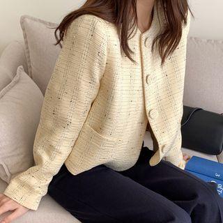 Dual-pocket Tweed Cropped Jacket Yellow - One Size