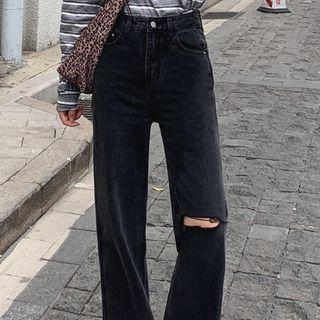 High-waist Shift Wide-cuff Ripped Denim Pants