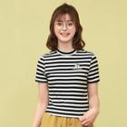 Short-sleeve Striped Embroidery Top