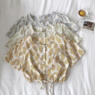 Leaf Print Lace-up Short-sleeve Blouse