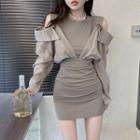 Patchwork Ruched Mini Dress Khaki - One Size