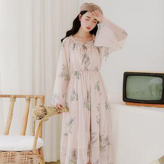 Flower Print Long-sleeve Square-neck Chiffon Dress