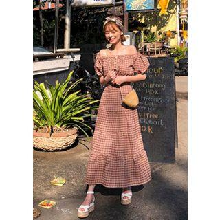 Set: Off-shoulder Plaid Crop Blouse + Tiered Maxi Skirt