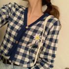 Flower Embroidered Checked V-neck Cardigan