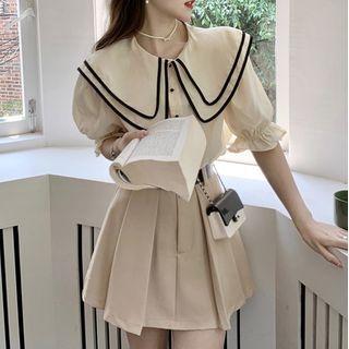 Puff-sleeve Layered Blouse / Pleated A-line Skirt / Set