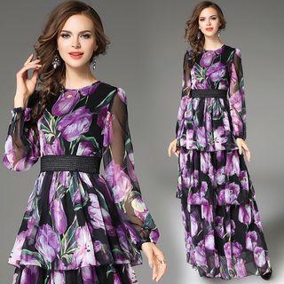 Floral Print Long Sleeve Layered Maxi Dress