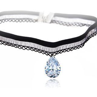 Rhinestone Lace Choker X224 - Black - One Size
