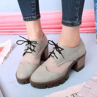 Mesh Panel Block Heel Lace-up Shoes