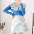 Set: Lace Collar Long-sleeve Knit Top + A-line Skirt