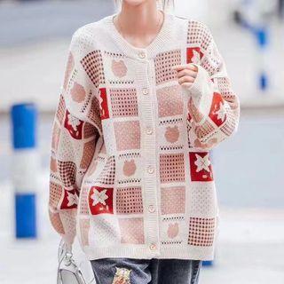 Patterned Cardigan Beige & Milk Tea & Red - One Size