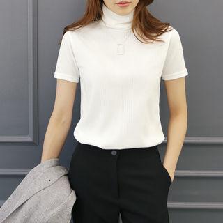 Turtle-neck Short-sleeve Ribbed Top