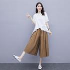 Set: Elbow-sleeve Tie-front T-shirt + Wide-leg Capri Pants