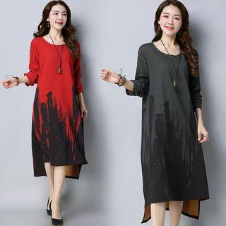 Long-sleeve Printed Dip Back Shift Dress