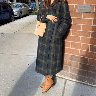 Long Plaid Woolen Jacket Blue & Green - One Size