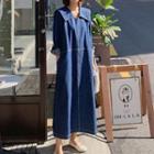 Long-sleeve Sailor Collar Denim Maxi Shift Dress