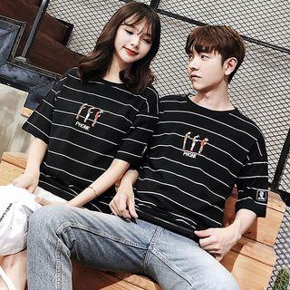 Couple Matching Short-sleeve Cartoon Embroidered Striped T-shirt