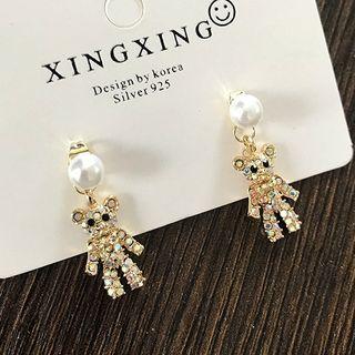 Rhinestone Bear Faux Pearl Drop Earring 1 Pair - Silver Stud - Bear - Gold - One Size