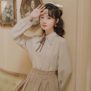 Long-sleeve Collared Bow Blouse / Midi A-line Skirt