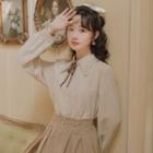 Long-sleeve Collared Bow Blouse / Midi A-line Skirt