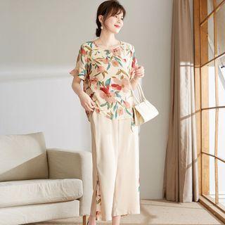Set: Floral Blouse + Capri Wide Leg Pants