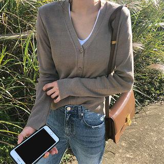 V-neck Plain Knit Cardigan Brown - One Size