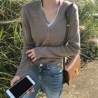 V-neck Plain Knit Cardigan Brown - One Size