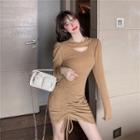 Long-sleeve Drawstring Cutout A-line Dress