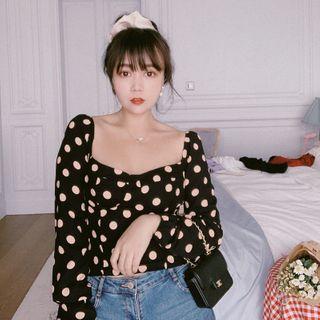 Dotted Square-neck Long-sleeve Top
