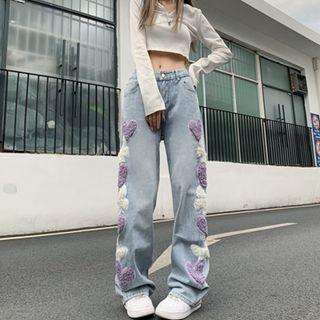 Heart Embroidery Mid Rise Loose Fit Jeans