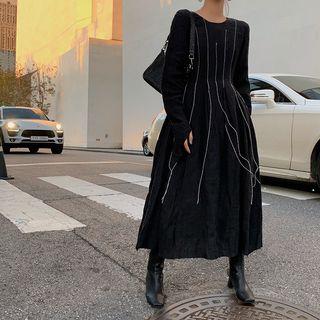 Stitched Long-sleeve A-line Midi Dress