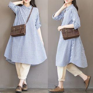Roll Tab Sleeve Striped Shirt Dress