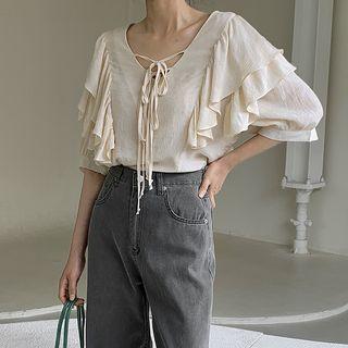 Tie-front Ruffled Blouse Light Beige - One Size