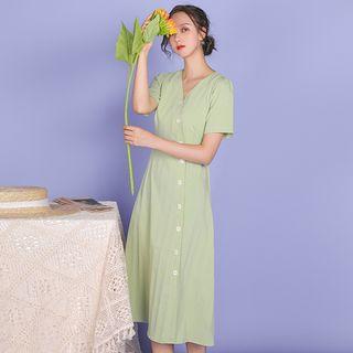 Button Accent V-neck Short-sleeve Dress