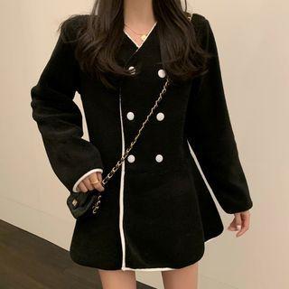 Long-sleeve Double-breasted Mini A-line Dress Black - One Size