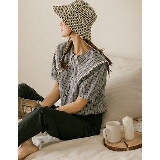 Wide-collar Plaid Blouse Black - One Size