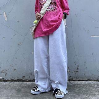 Ripped Straight Cut Wide Leg Jeans