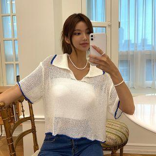 Contrast-trim Sheer Knit Polo Shirt