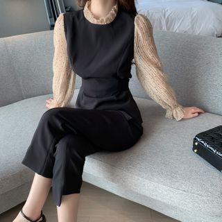 Set: Puff-sleeve Paneled Blouse + Cropped Straight-cut Pants