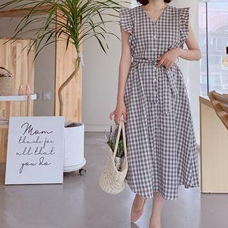 V-neck Frilled-sleeve Checked Shirtdress With Sash