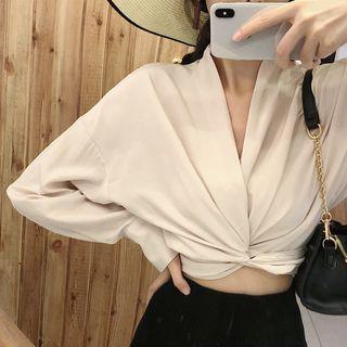 V-neck Tie-waist Long-sleeve Top / Midi Slit-back Knit Skirt