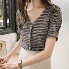 Short-sleeve V-neck Gingham Blouse
