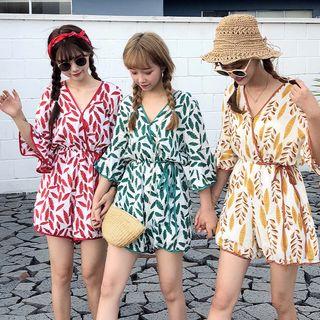 Bell 3/4-sleeve Leaf Print Playsuit
