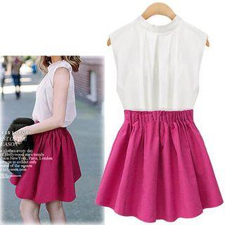 Set: Stand Collar Sleeveless Blouse + A-line Skirt