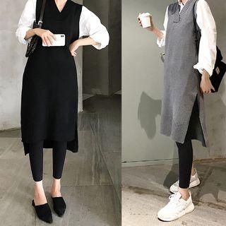 V-neck Long Split Knit Vest