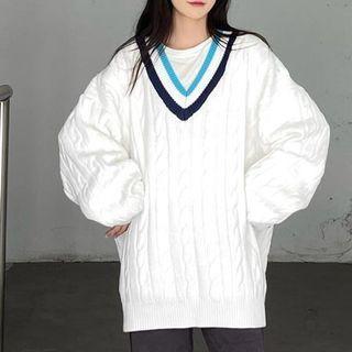 Linen Flower V-neck Sweater White - One Size