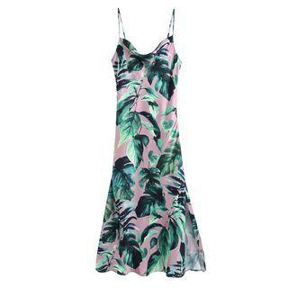 Leaf Print Slit-hem Spaghetti-strap Dress