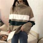 Color-block Turtle-neck Loose-fit Pullover