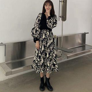 Long-sleeve V-neck Floral Panel A-line Dress