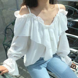 Frill-trim Cold Shoulder Blouse White - One Size