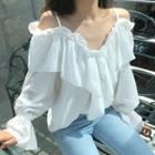 Frill-trim Cold Shoulder Blouse White - One Size